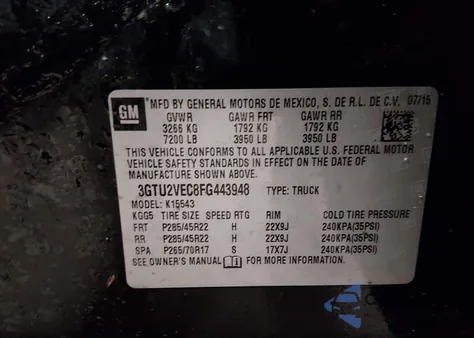 2015 GMC Sierra 1500 Slt z USA, uszkodzony, nr VIN 3GTU2VEC8FG443948